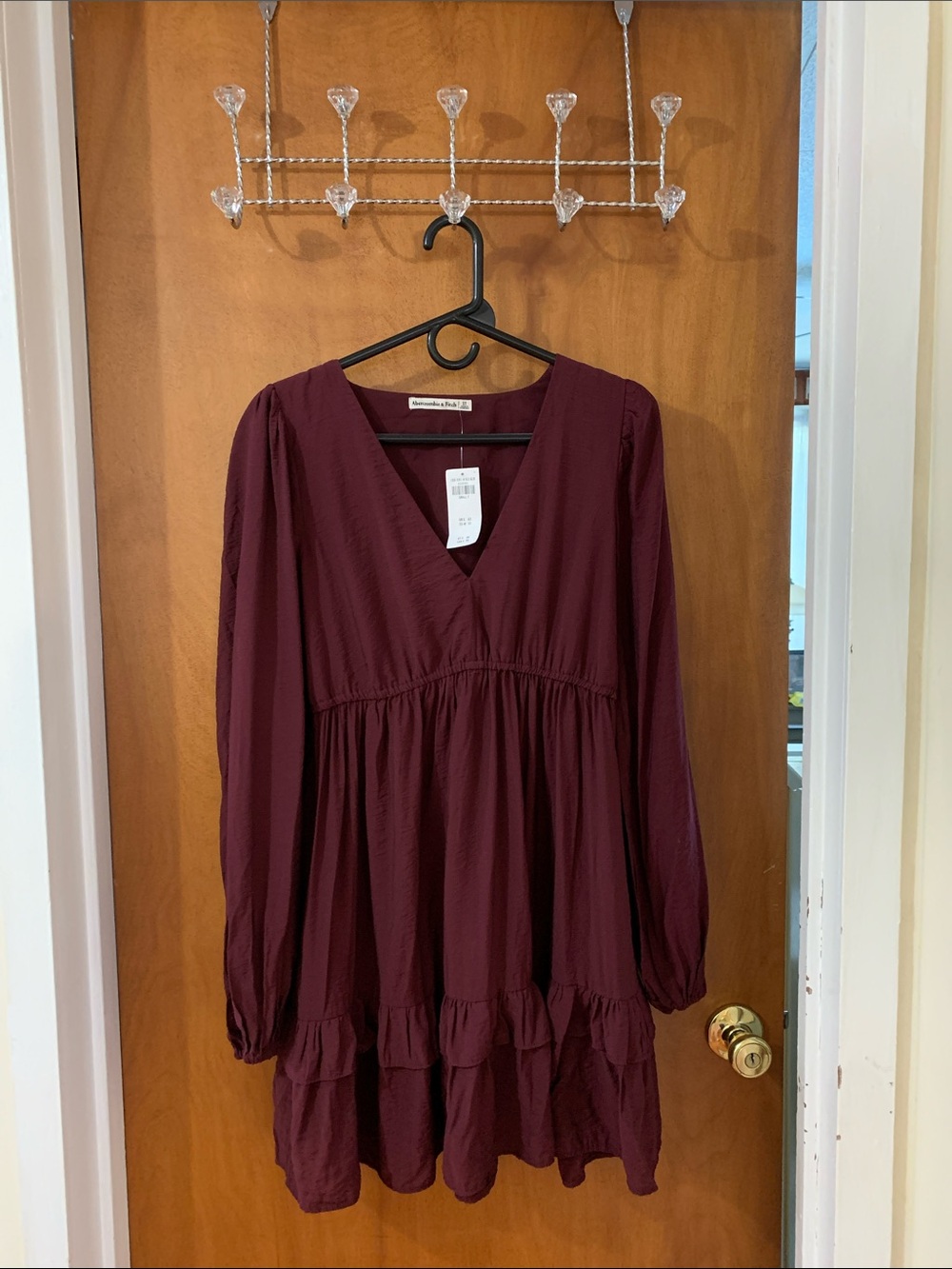 Abercrombie Long Sleeve V Neck Ruffle Woven Dress - Burgundy/Wine